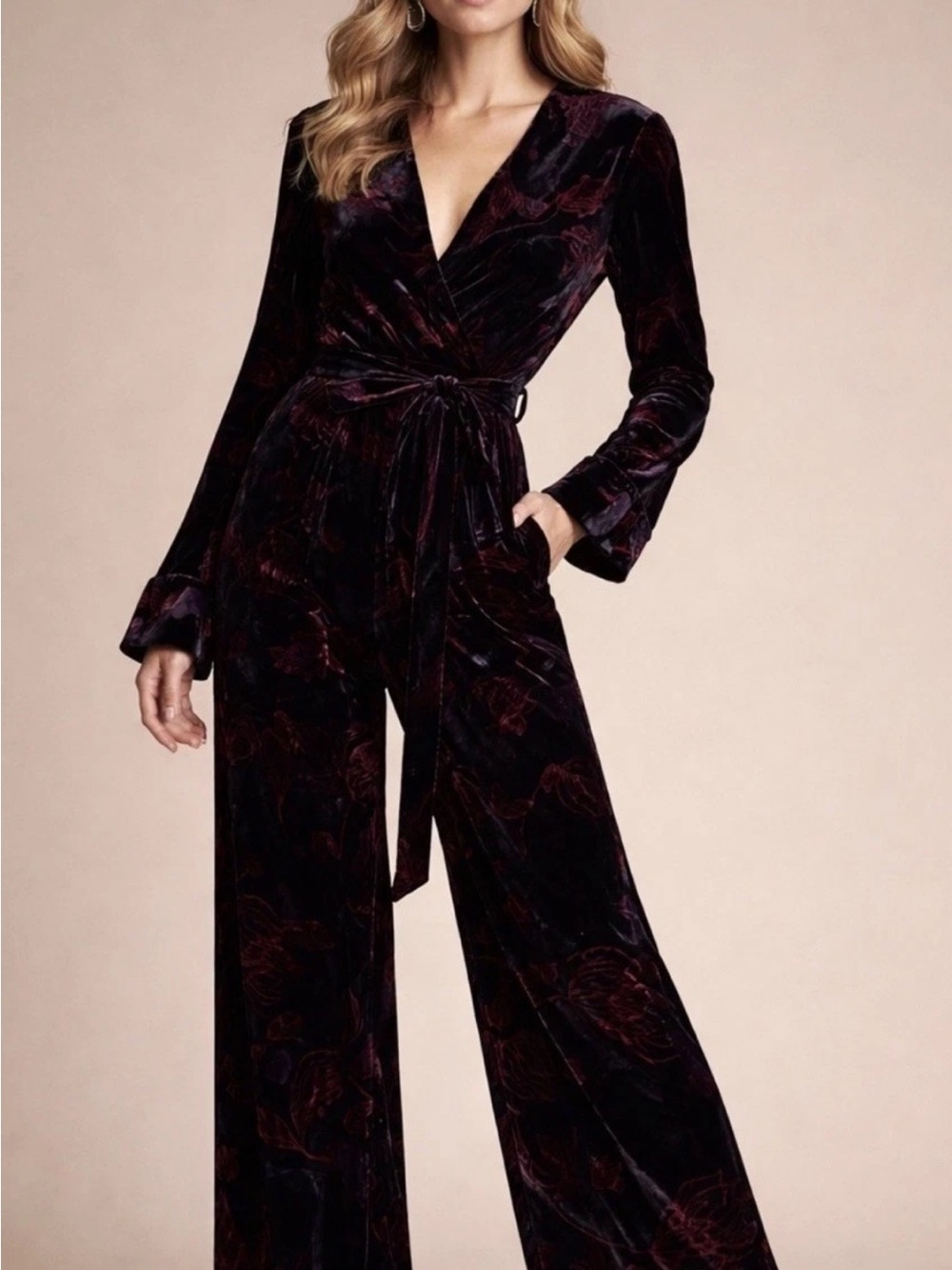 Diane Von Furstenberg Velvet Wrap Pant Jumpsuit Sz 8 Black Luxe Designer Floral